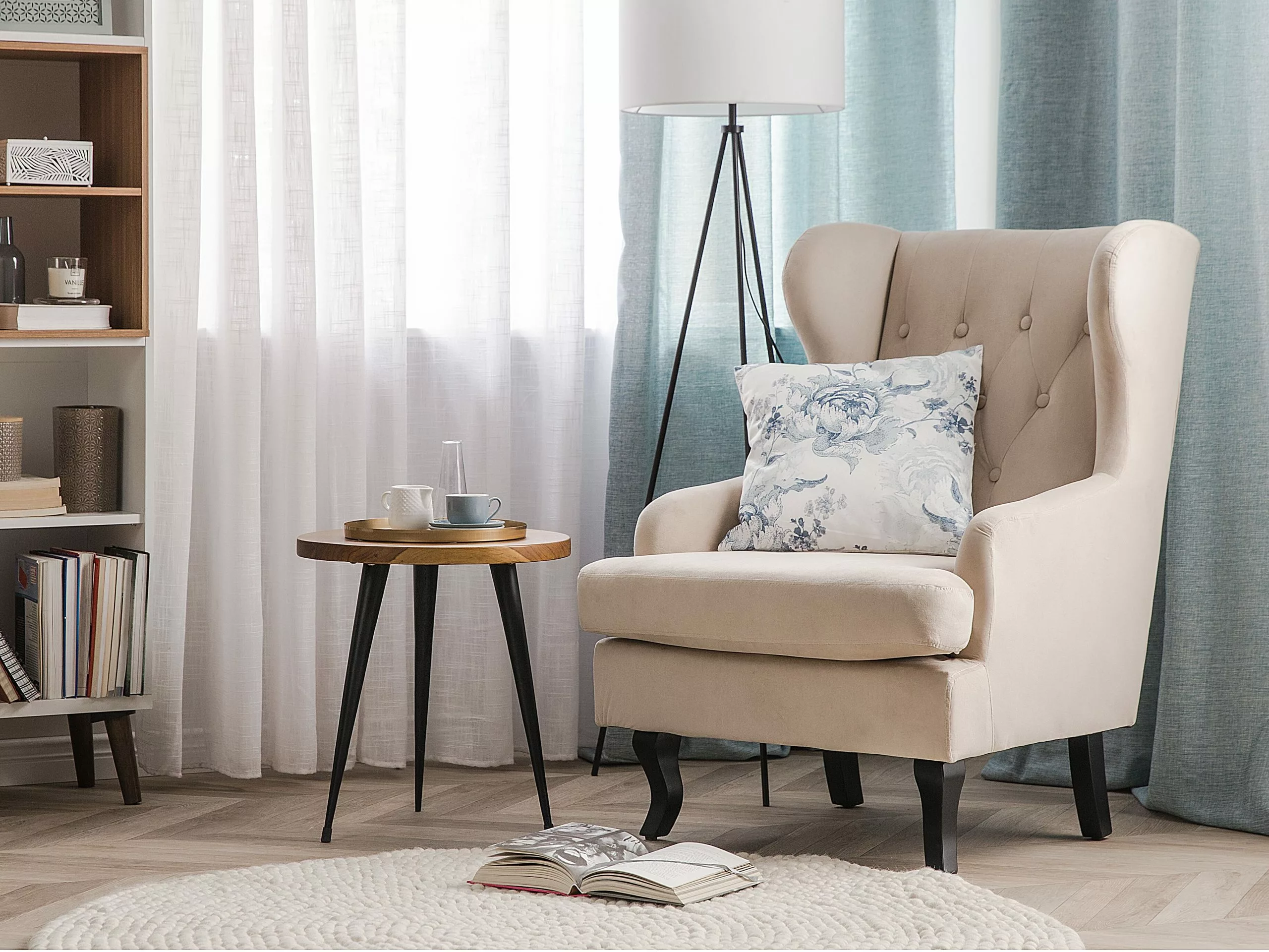 Beliani Sillón De Terciopelo Beige/madera Oscura ALTA 2 Beliani Sillón De Terciopelo Beige/madera Oscura ALTA - Imagen 2