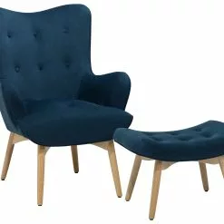 Beliani Sillón De Terciopelo Azul Con Reposapiés VEJLE