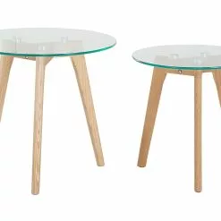 Beliani Conjunto De 2 Mesas De Centro De Vidrio Transparente/madera Clara MISSOURI