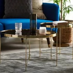 Beliani Mesa Auxiliar De Vidrio Templado/metal Marrón Dorado ⌀ 40 Cm LUCEA -Sillones Ventas undef src sa picid 771230 type whitesh image scaled