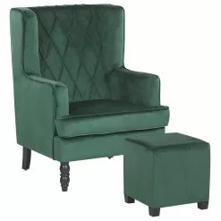Beliani Sillón De Terciopelo Verde Con Reposapiés SANDSET