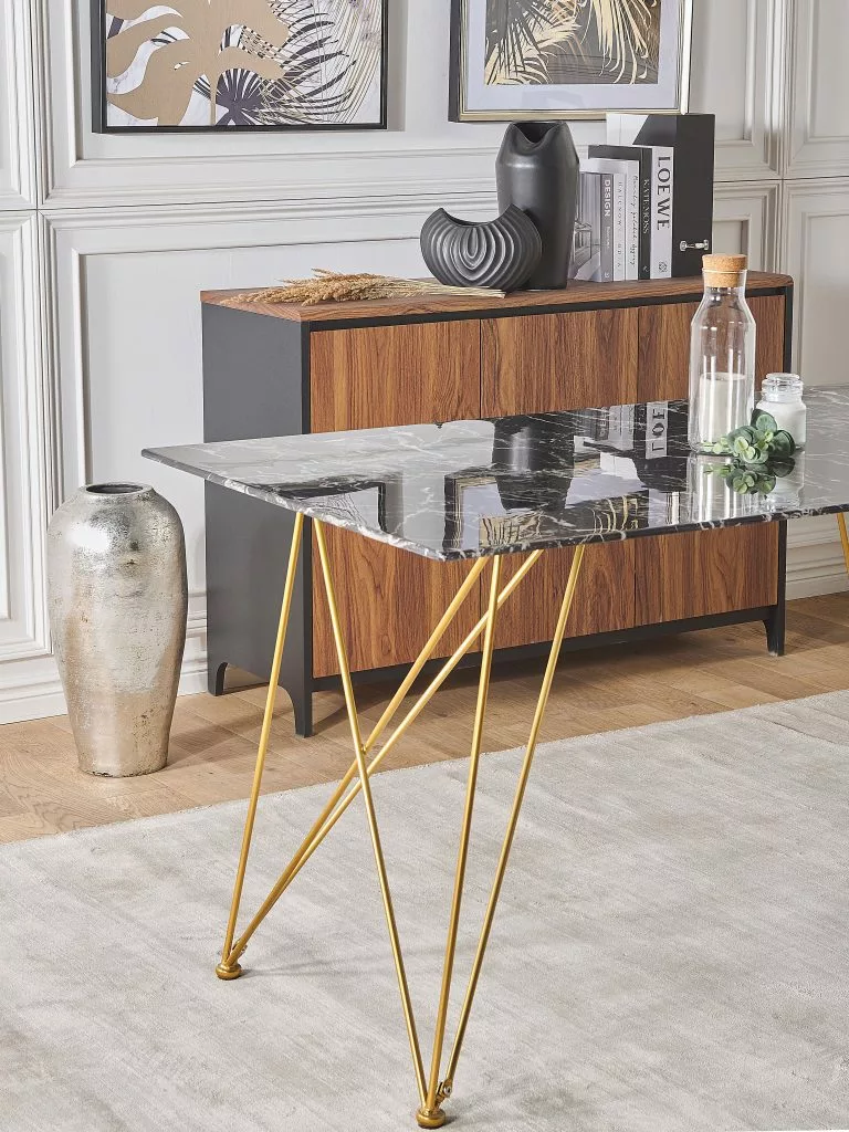 Beliani Mesa De Comedor De Vidrio Templado Blanco/negro/dorado 140 X 80 Cm KENTON 5 Beliani Mesa De Comedor De Vidrio Templado Blanco/negro/dorado 140 X 80 Cm KENTON - Imagen 5