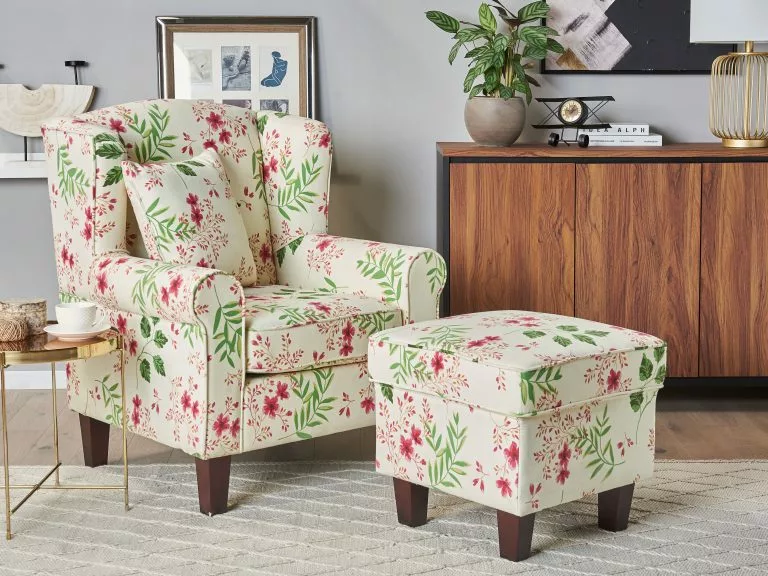 Beliani Sillón De Algodón/poliéster Beige Crema/multicolor Con Reposapiés HAMAR - Imagen 2