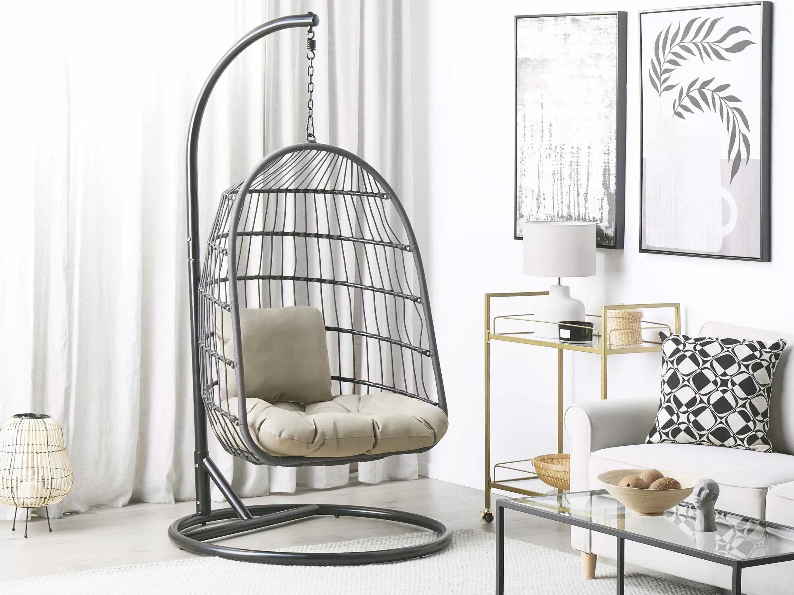 Beliani Silla Colgante De Poliéster Negro/gris Con Soporte ALLERA - Imagen 2