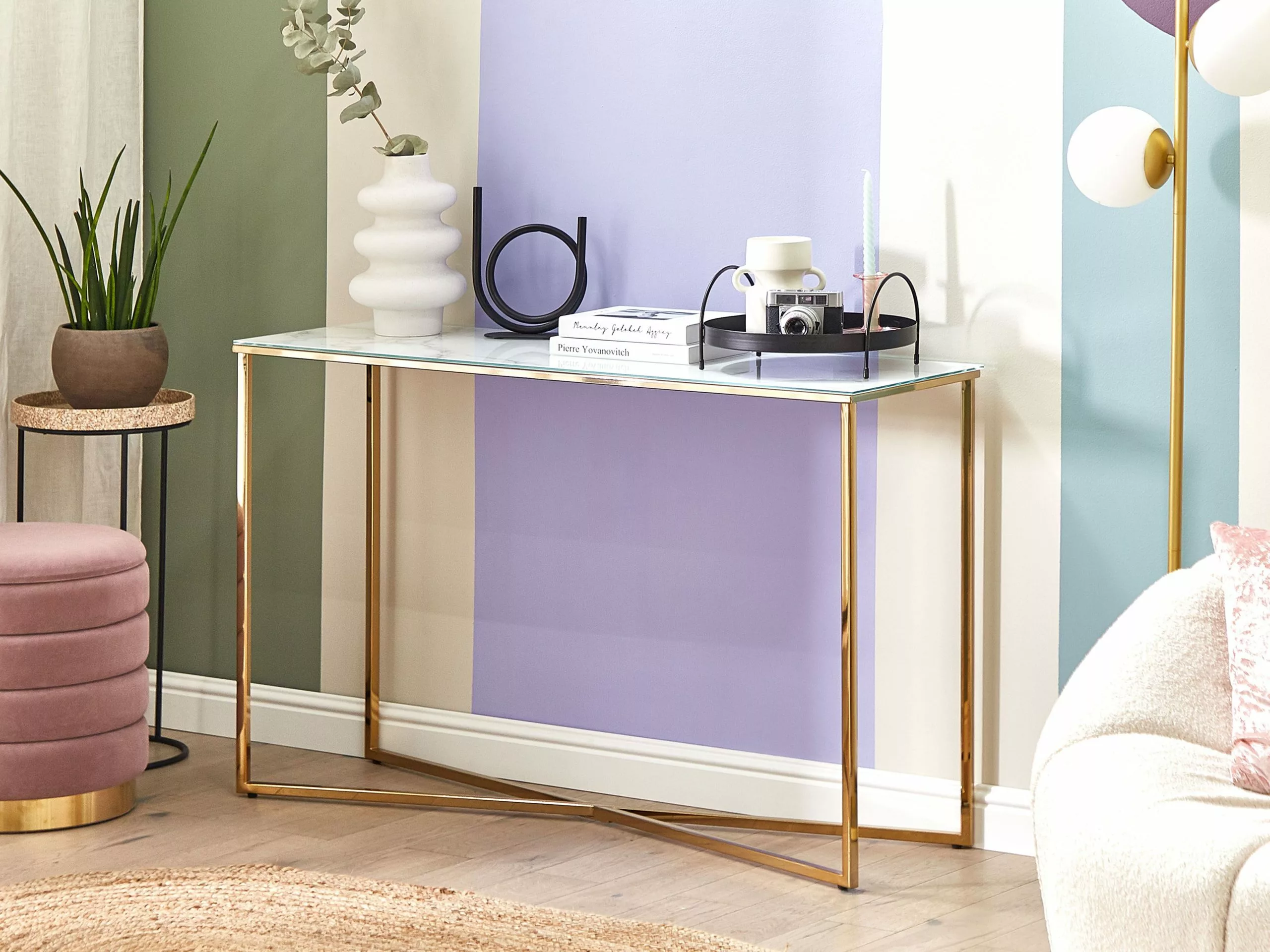 Beliani Consola De Vidrio Templado Blanco/dorado 120 X 35 Cm ROYSE - Imagen 2