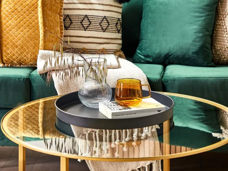 Beliani Mesa De Centro De Vidrio Dorado/madera Oscura ⌀ 80 Cm LIBBY 3 Beliani Mesa De Centro De Vidrio Dorado/madera Oscura ⌀ 80 Cm LIBBY - Imagen 3