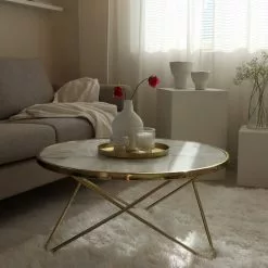 Beliani Mesa De Centro De Vidrio Templado Blanco/dorado ⌀ 80 Cm MERIDIAN II -Sillones Ventas undef src sa picid 829077 type whitesh image scaled