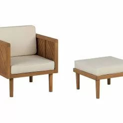 Beliani Sillón De Jardín Con Otomana Madera De Acacia Madera Clara/blanco Crema BARATTI