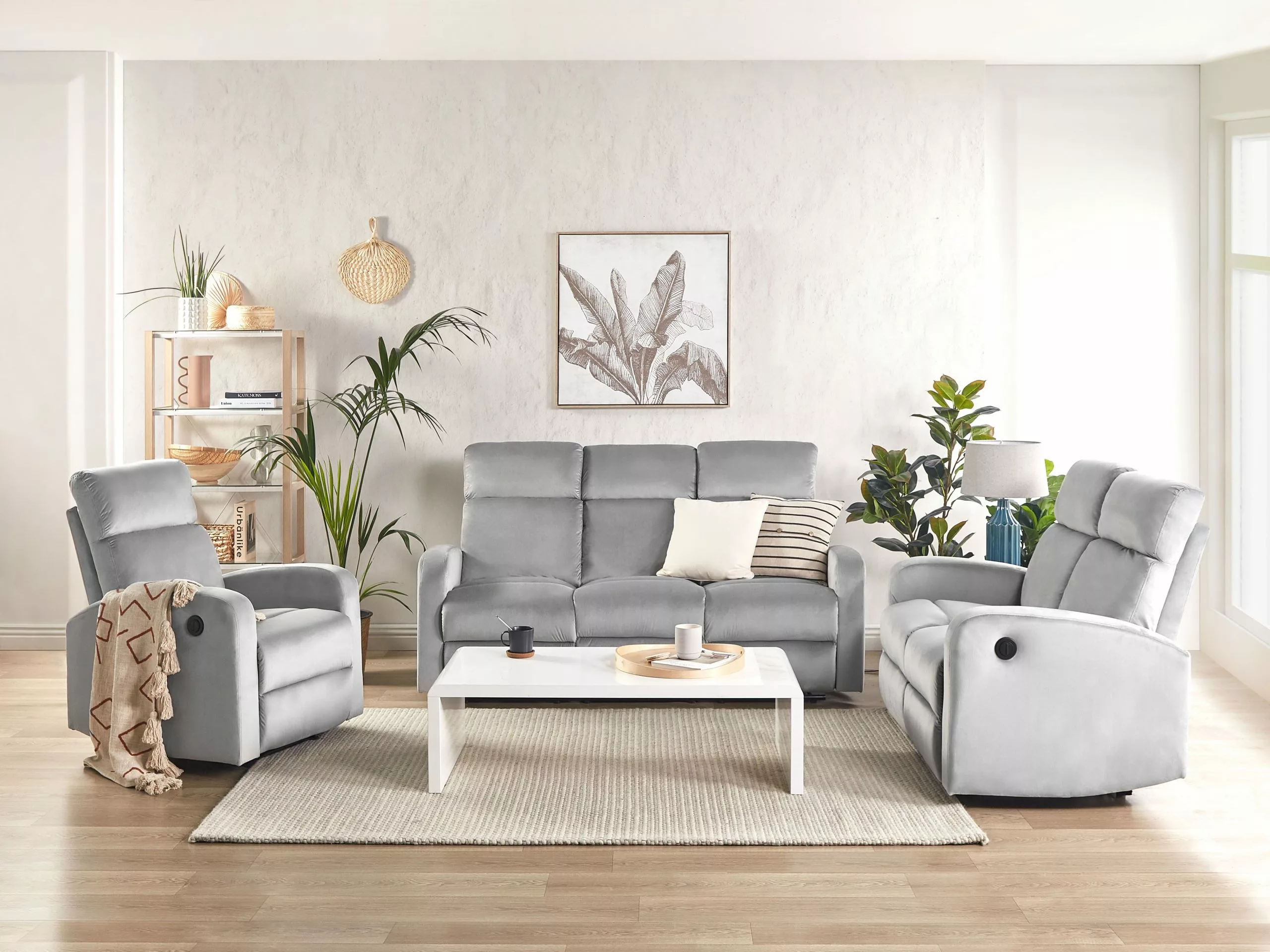 Beliani Sillón Reclinable Manual De Terciopelo Gris Claro VERDAL - Imagen 3