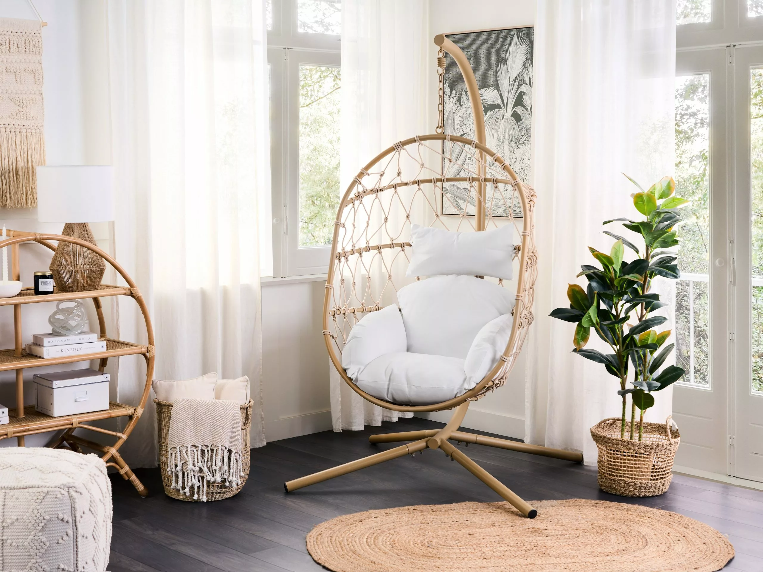 Beliani Silla Colgante Con Soporte Beige/blanco ADRIA 3 Beliani Silla Colgante Con Soporte Beige/blanco ADRIA - Imagen 3