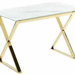 Beliani Mesa De Comedor De Vidrio Templado Blanco/dorado 120 X 70 Cm ATTICA