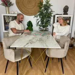 Beliani Mesa De Comedor De Vidrio Templado Blanco/gris/dorado 140 X 80 Cm KENTON -Sillones Ventas undef src sa picid 850916 type whitesh image