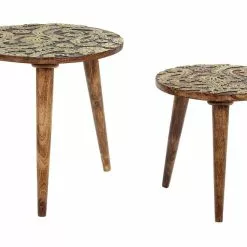 Beliani Conjunto De 2 Mesas De Madera De Mango Oscura/dorado CHANPI